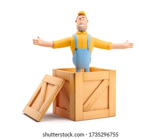 Deliveryman In Overalls Jumps Out Of A Wooden Box. 3d Illustration. Cartoon Character. 