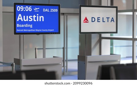 Delta Air Lines Flight From Detroit Metropolitan Wayne County Airport To Austin. Editorial  3D Rendering