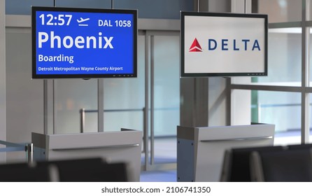 Delta Air Lines Flight From Detroit Metropolitan Wayne County Airport To Phoenix. Editorial  3D Rendering