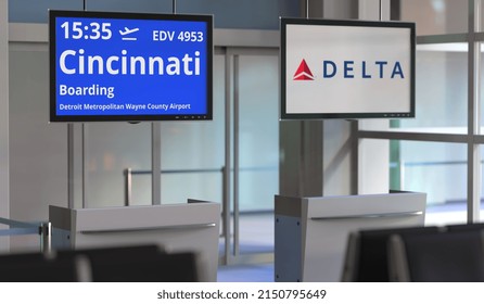 Delta Air Lines Flight From Detroit Metropolitan Wayne County Airport To Cincinnati. Editorial  3D Rendering