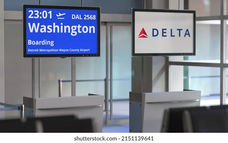 Delta Air Lines Flight From Detroit Metropolitan Wayne County Airport To Washington. Editorial  3D Rendering