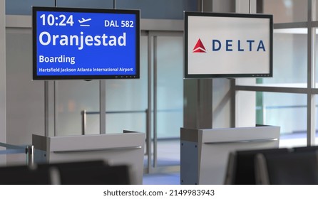 Delta Air Lines Flight From Hartsfield Jackson Atlanta International Airport To Oranjestad. Editorial  3D Rendering