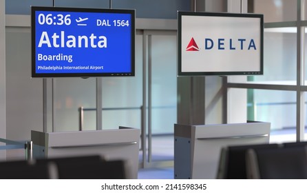 Delta Air Lines Flight From Philadelphia International Airport To Atlanta. Editorial  3D Rendering