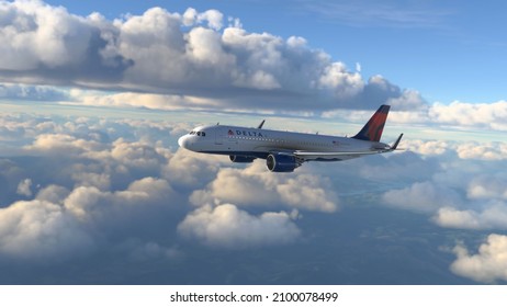 Delta Airlines Airbus a320 flying 3d illustration, 3 Jan, 2022, Sao Paulo, Brazil