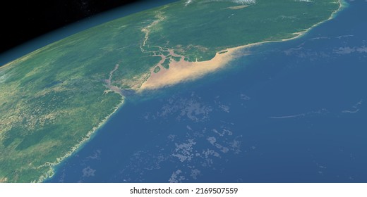 Delta Of Amazon River In Earth Planet From Space Outer. 3d Rendering