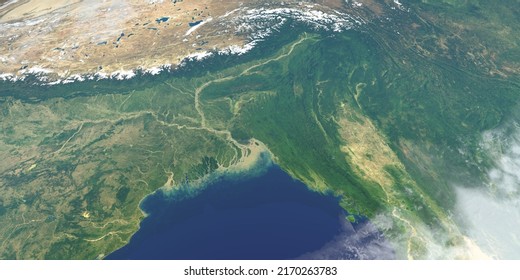 Delta Of Ganges River In Planet Earth,  Aerial View From Outer Space. 3d Rendering