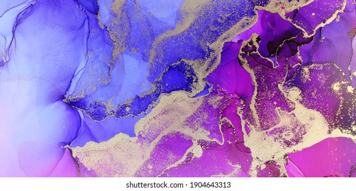 Deluxe Purple Pink Gold Ink Flow. Liquid layers of alcohol ink. Geode shapes and layers. Jewel tone colors. Wedding and celebration bright and colorful. Very Peri Pantone 17-3938.