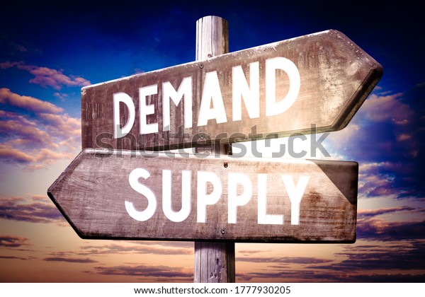 Demand, supply\
- wooden signpost - 3D\
illustration