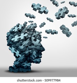 Dementia puzzle concept brain health problem symbol as a neurology and psychology icon as a a group of 3D illustration jigsaw pieces shaped as a human head as a mental health or memory loss disorder.