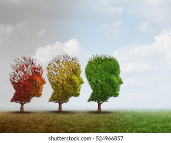 Dementia Treatment And Alzheimer Brain Memory Disease Therapy Concept As Old Trees Recovering As A Neurology Or Psychology Cure Metaphor With 3D Illustration Elements.