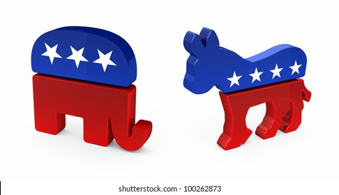 Democrat Donkey and Republican Elephant in 3D over white background