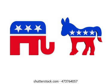 Democrat Donkey And Republican Elephant. 3D Rendering