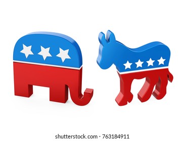 Democrat Donkey and Republican Elephant. 3D rendering