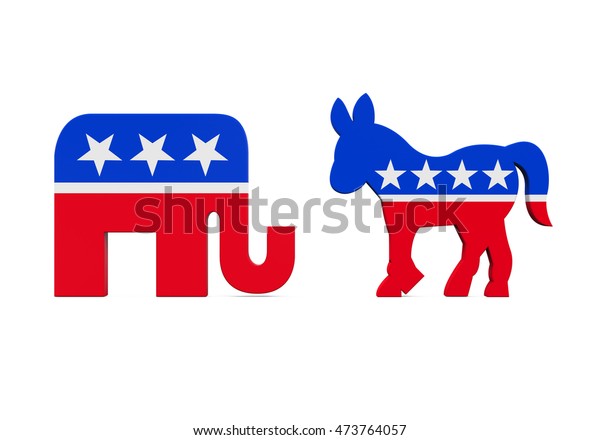 Democrat\
Donkey and Republican Elephant. 3D\
rendering