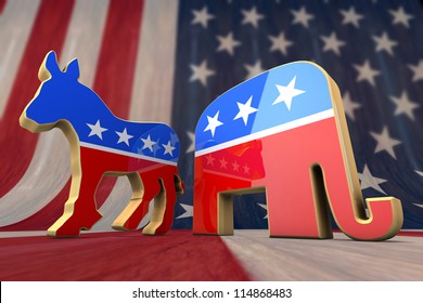Democrat Party And Republican Party Symbol On An American Flag Background