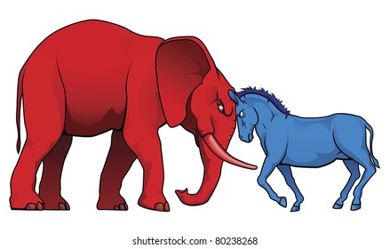 The Democrat And Republican Symbols Of A Donkey And Elephant Facing Off.