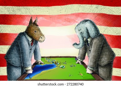 Democrats Donkey And Republican Elephant Wearing Suits Face Off Versus Each Other Over A Map On A Table