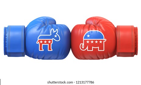 Democrats Vs. Republicans. Two Boxing Gloves Against Each Other In Colors Of Democratic And Republican Party, 3d Rendering