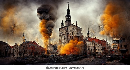 Demolished City Of Ruins Exploding Buildings On Fire Blown Away By Enemy Rockets War Disease Suffering Dead Injured People 3d Illustration