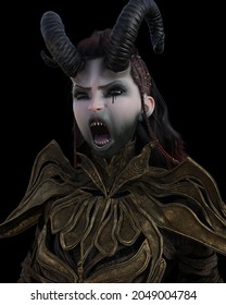 Demon 3d Rendering Close Up Wearing Armour. Battle Cry Expression