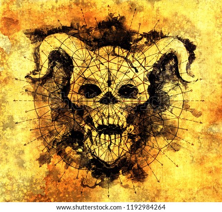 Demon with horns and geometric circle pattern on old paper texture background. Death symbol, black magic concept. Occult, esoteric and Halloween illustration