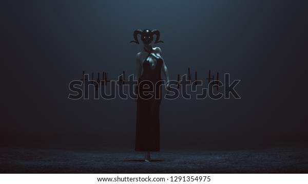 スカルマスクと黒いズボンのスーツの未来的なオートクチュールドレスと逆さに浮く十字架の抽象的デーモン3dイラストの悪魔の修道女 のイラスト素材