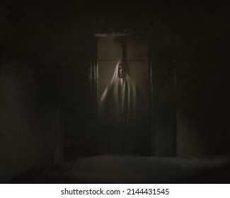 A Demon With A Skull Face Is Standing At The Open Door. Horror Atmosphere, Halloween Picture - 3d Illustration