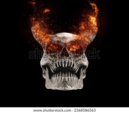 Demon skull with sharp teeth with flaming and burning eyes and horns - 3D Illustration