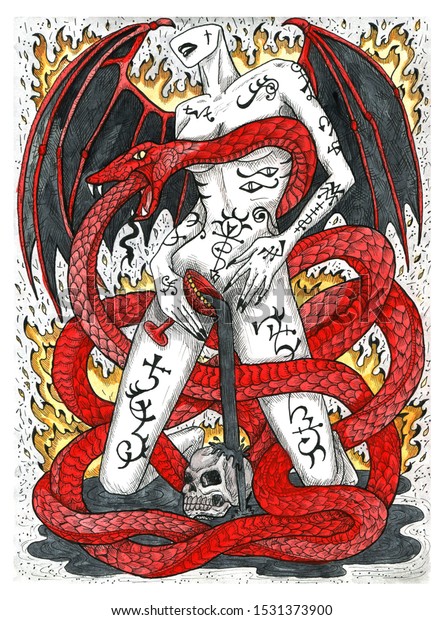 翼と入れ墨を持つ魔女 血の杯と怖い蛇 カラフルなグラフィックの彫刻イラスト 空想と神秘的な絵 ハロウィーン用のゴシック オカルト 密教の背景 のイラスト素材