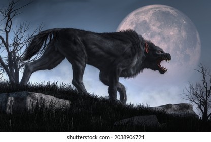 A demonic creature with big claws and teeth stalks through long grass soon after nightfall as the moon rises. This black dog shaped beast is a Barghest, a hell hound of English folklore. 3D Rendering.