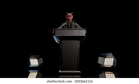 Demonic Leader Is Like Red Devil. Wearing Black Suit Is Speaking On Oratory Stand Black Background, 3D Render.