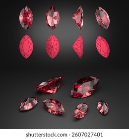 Demonstration of the marquise cut ruby from different angles. Scheme of cutting. Scattering of gemstones. Black background. 3d rendering.