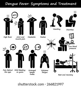 Dengue Fever Symptoms and Treatment Aedes Mosquito Stick Figure Pictogram Icons