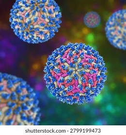 Dengue virus bound with neutralizing human antibodies, 3D illustration showing flavivirus particles coated by immunoglobulins, illustrating antiviral immune response.