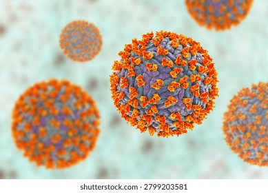 Dengue virus bound with neutralizing human antibodies, 3D illustration showing flavivirus particles coated by immunoglobulins, illustrating antiviral immune response.