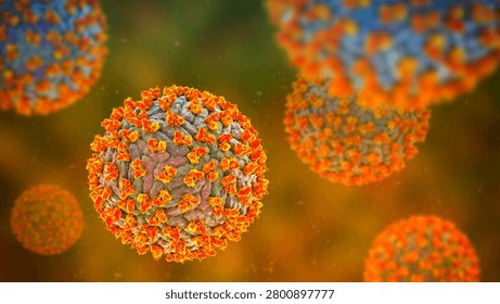 Dengue virus bound with neutralizing human antibodies, 3D illustration showing flavivirus particles coated by immunoglobulins, illustrating antiviral immune response.