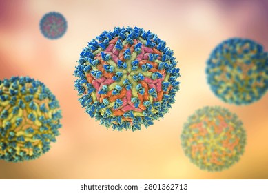 Dengue virus bound with neutralizing human antibodies, 3D illustration showing flavivirus particles coated by immunoglobulins, illustrating antiviral immune response.