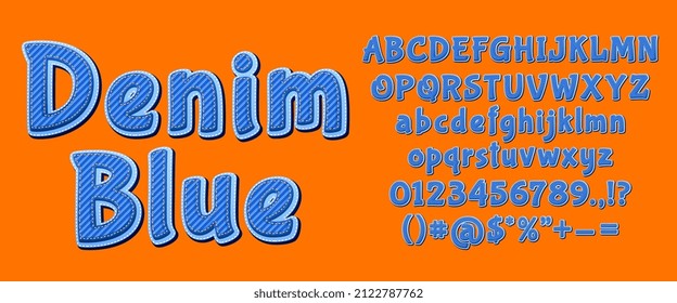 Denim Font. Kids Comic Canvas Letters, Cartoon Jeans Decoration Alphabet. Cloth Fabric Decor, Stitched Casual Typeface Recent Graphic