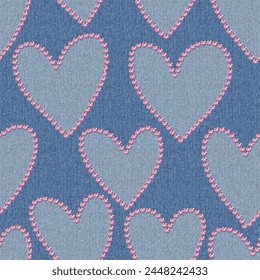 Denim seamless repeat pattern. Jeans background with hearts for Backgrounds, Scrapbooking, Wallpaper and fabric. Denim background whit pink rhinestones hearts