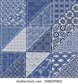 Denim Western Blue Patchwork Triangle Woven Texture. Indigo Vintage Wash Printed Cotton Textile Effect. Patched Jean Home Decor Background. Boho Bandana Quilt Stitch Allover Fabric Print Material.