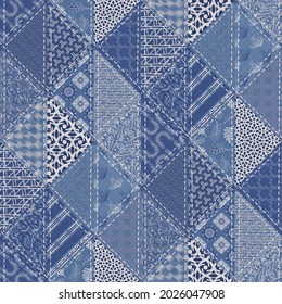 Denim Western Blue Patchwork Triangle Woven Texture. Indigo Vintage Wash Printed Cotton Textile Effect. Patched Jean Home Decor Background. Boho Bandana Quilt Stitch Allover Fabric Print Material.