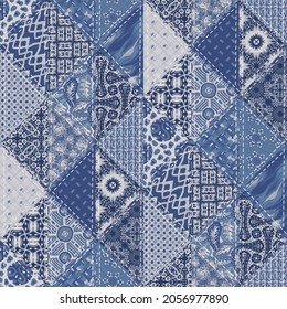 Denim Western Blue Patchwork Triangle Woven Texture. Indigo Vintage Wash Printed Cotton Textile Effect. Patched Jean Home Decor Background. Boho Bandana Quilt Stitch Allover Fabric Print Material.