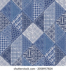 Denim Western Blue Patchwork Triangle Woven Texture. Indigo Vintage Wash Printed Cotton Textile Effect. Patched Jean Home Decor Background. Boho Bandana Quilt Stitch Allover Fabric Print Material.