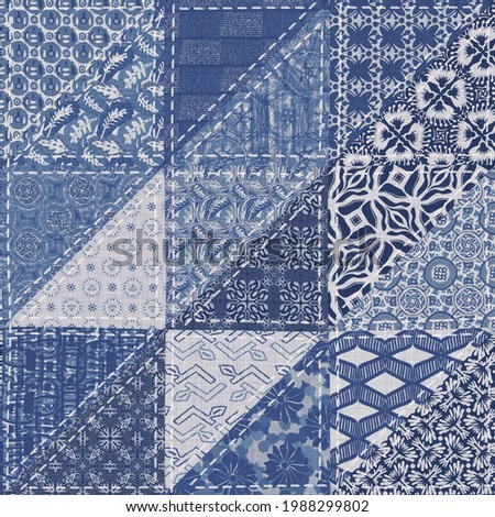 Denim western blue patchwork triangle woven texture. Indigo vintage wash printed cotton textile effect. Patched jean home decor background. Boho bandana quilt stitch allover fabric print material.