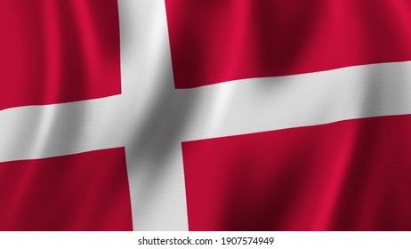 Denmark Flag Waving Closeup 3D Rendering With High Quality Image with Fabric Texture