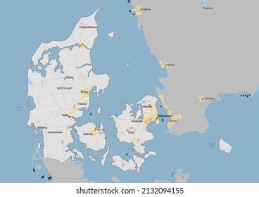 Denmark political map with neighbors and capital, national borders, important cities, rivers,lakes. Detailed map of Denmark suitable for large size prints and digital editing.