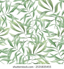 Dense interweaving of young green oleander leaves seamless pattern. Ivy realistic foliage watercolor illustration for floral greenery design, textile, interior decor, celebrate package