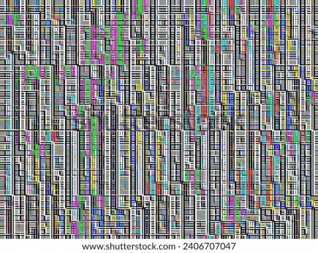 Dense multicolor grid on dark gray background for urban, network, or structural motifs