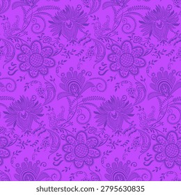 A dense, seamless floral damask pattern in a vivid monochromatic purple color palette.