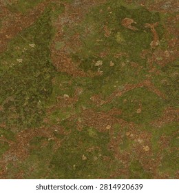 A dense texture of green moss intermingled with pine needles and small organic debris on the forest floor.
